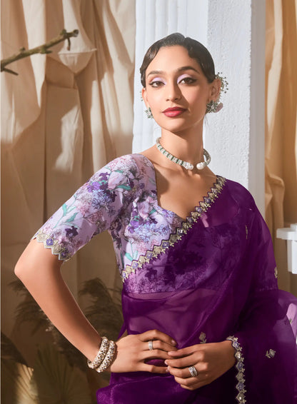 Purple Soft Organza Tissue Silk Saree