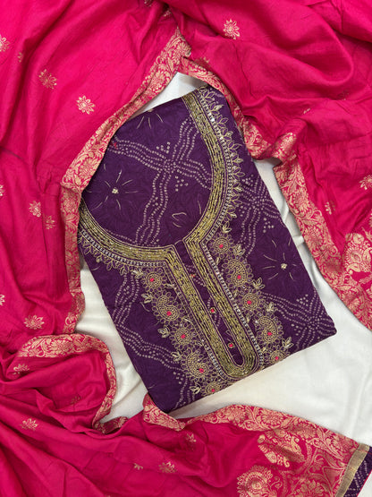 Purple Zari Work Unstitch Suit Set with Banarasi Dupatta
