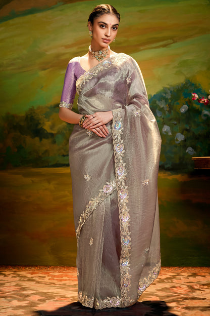 Lavender Grey Tissue Silk Saree with Sequin Border Work