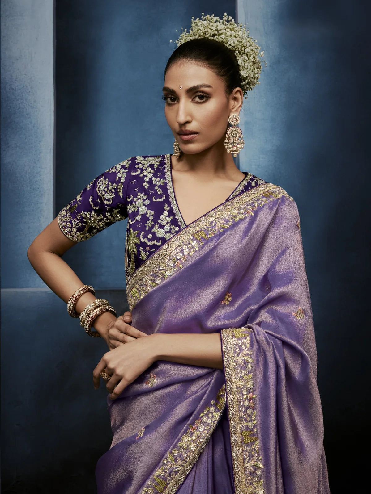 Lavender Tissue Silk Heavy Work Designer Saree with Readymade Blouse