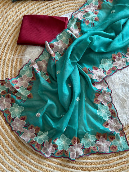 Soft Kota Doriya Saree with Embroidery Floral Work