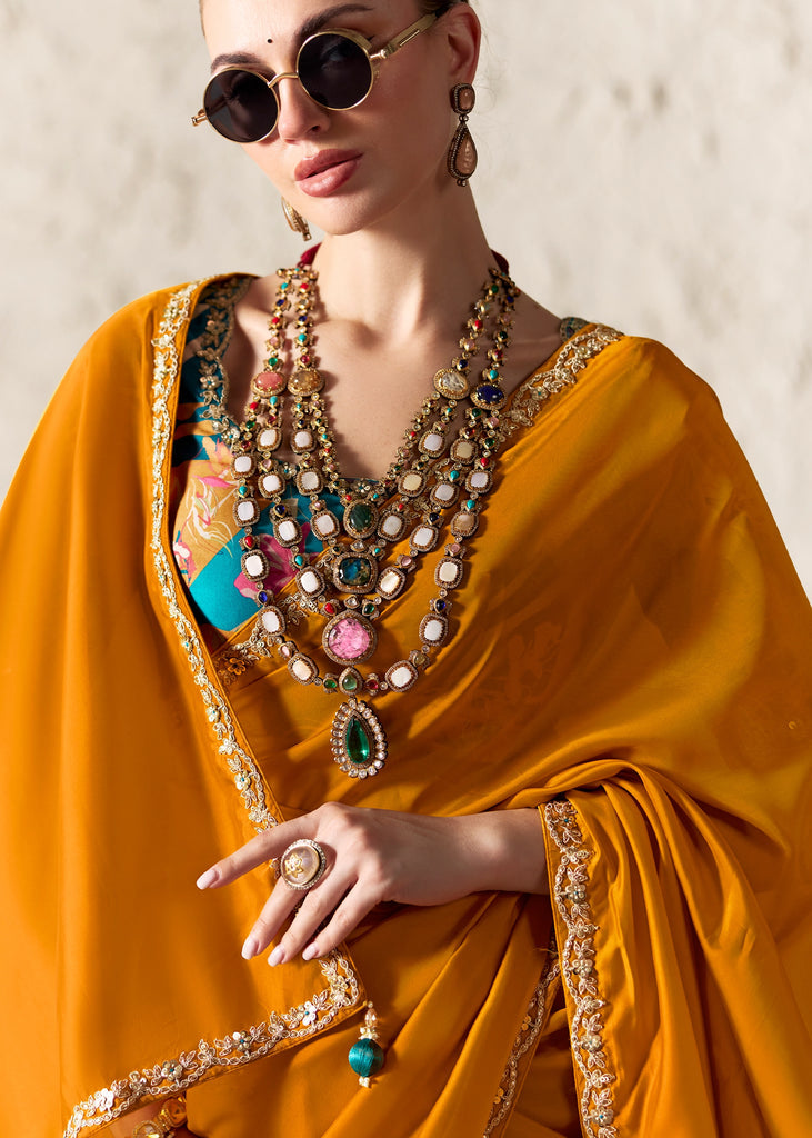 Mustard Yellow Tissue Organza Silk Designer Saree