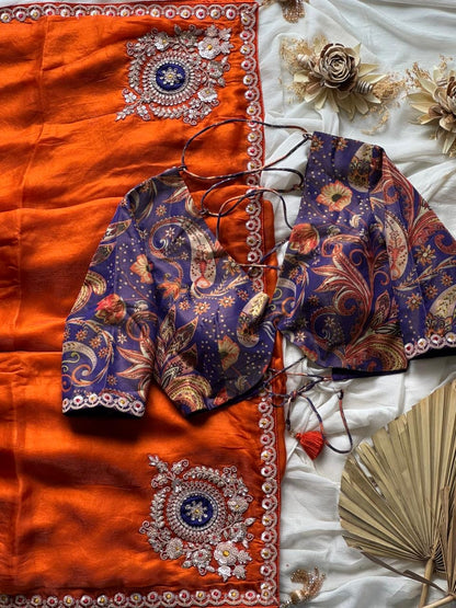 Dusty Orange Organza Tissue Silk Designer Saree