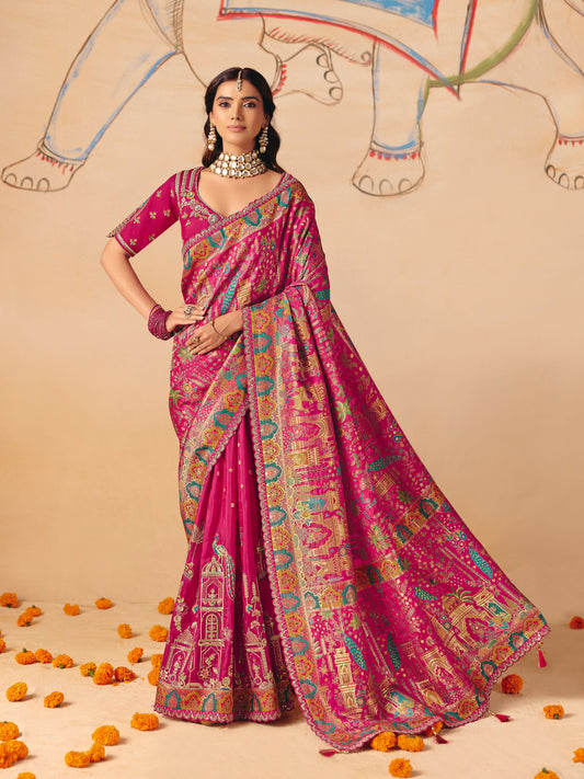 Rani Dola Silk Half Embroidery & Half Position Print Saree