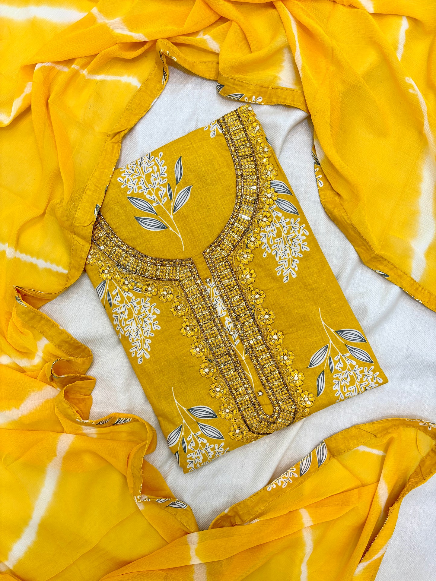 Floral Print with Handwork Cotton Yellow Unstitch Suit Set