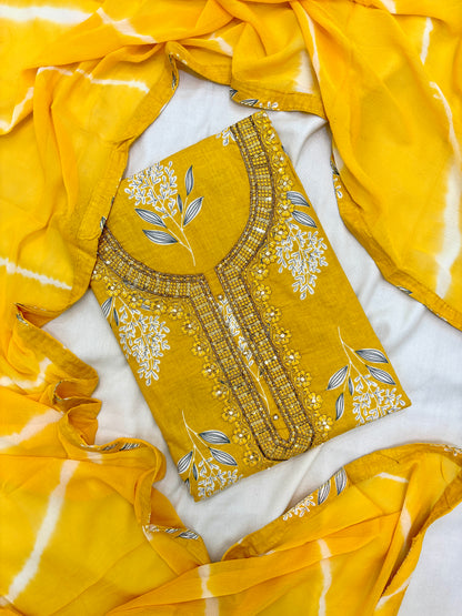 Floral Print with Handwork Cotton Yellow Unstitch Suit Set