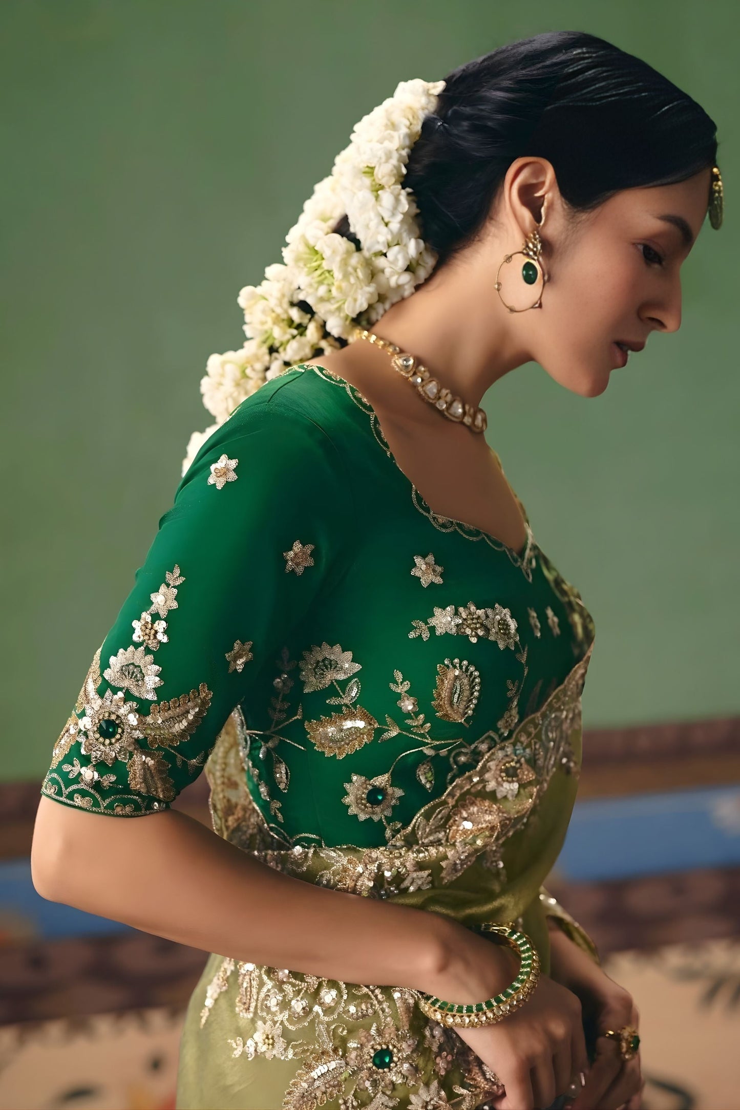 Olive Green Soft Tissue Silk Designer Saree