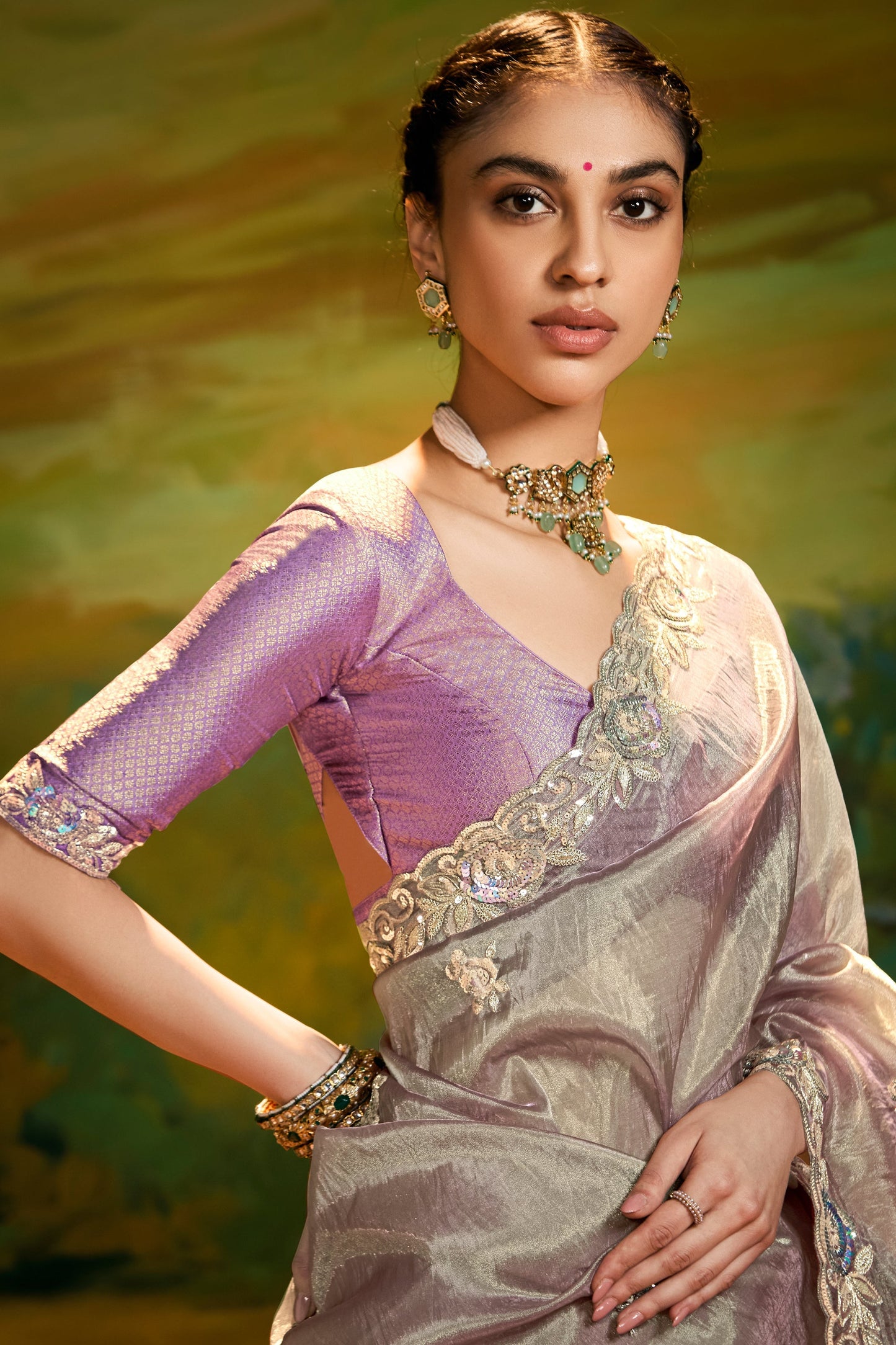 Lavender Grey Tissue Silk Saree with Sequin Border Work