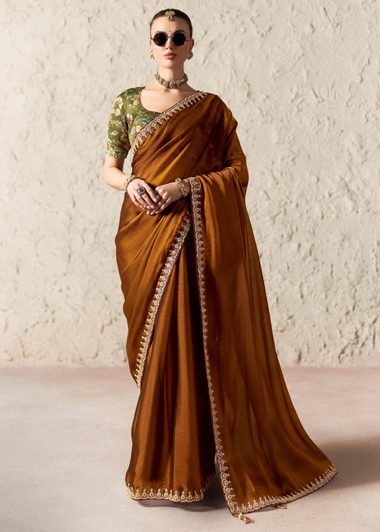 Copper Brown Soft Tissue Silk Designer Saree