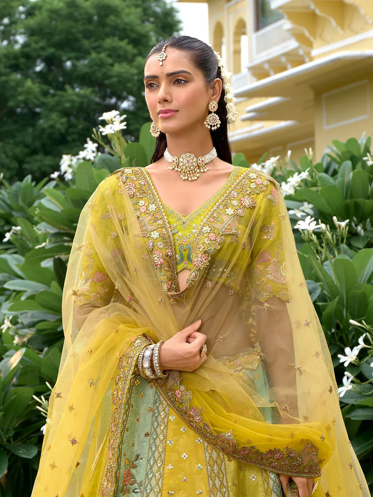 Mustard Yellow & Sage Green Embroidered Silk Designer Lehenga