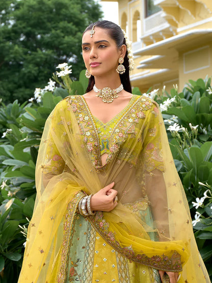 Mustard Yellow & Sage Green Embroidered Silk Designer Lehenga