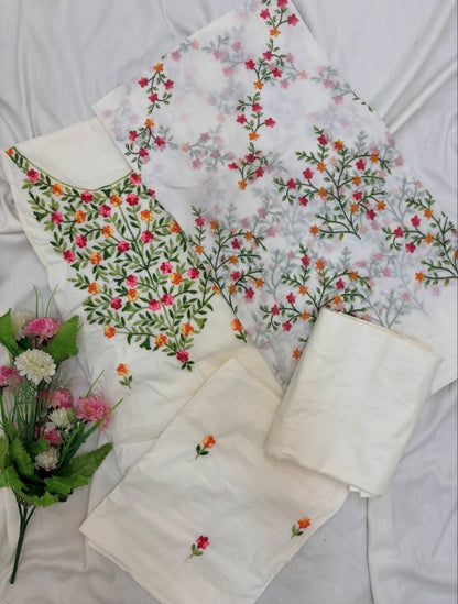 Off-White Floral Embroidery Unstitch Suit