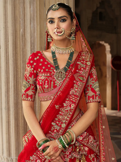 Red Raw Silk Bridal Wedding Lehenga Set With Heavy Net Dupatta
