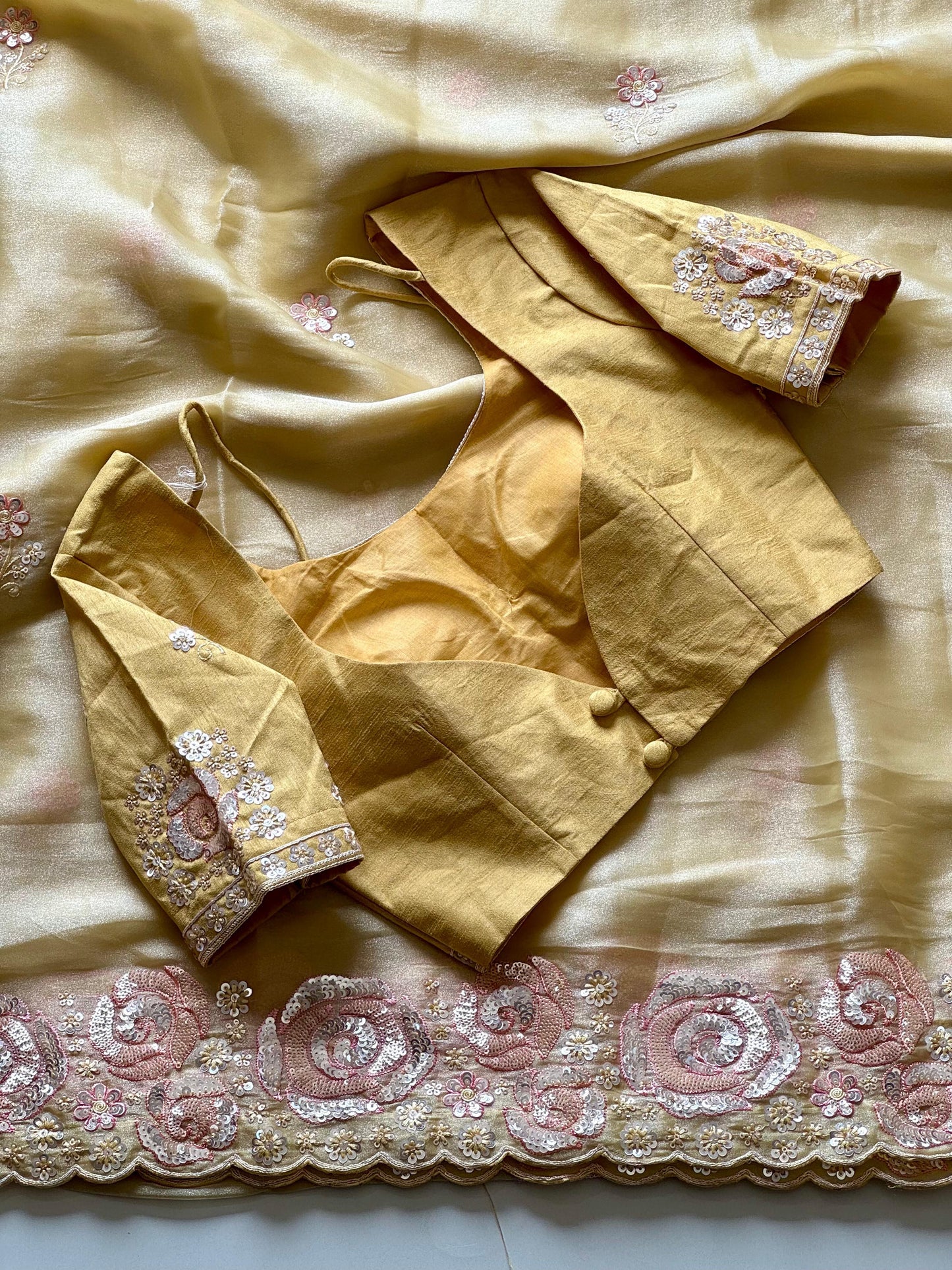 Pineapple Light Yellow Rose Work Tissue Silk Sareee