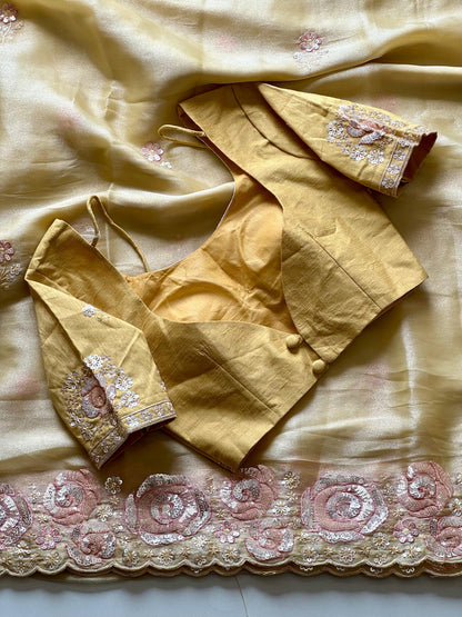 Pineapple Light Yellow Rose Work Tissue Silk Sareee