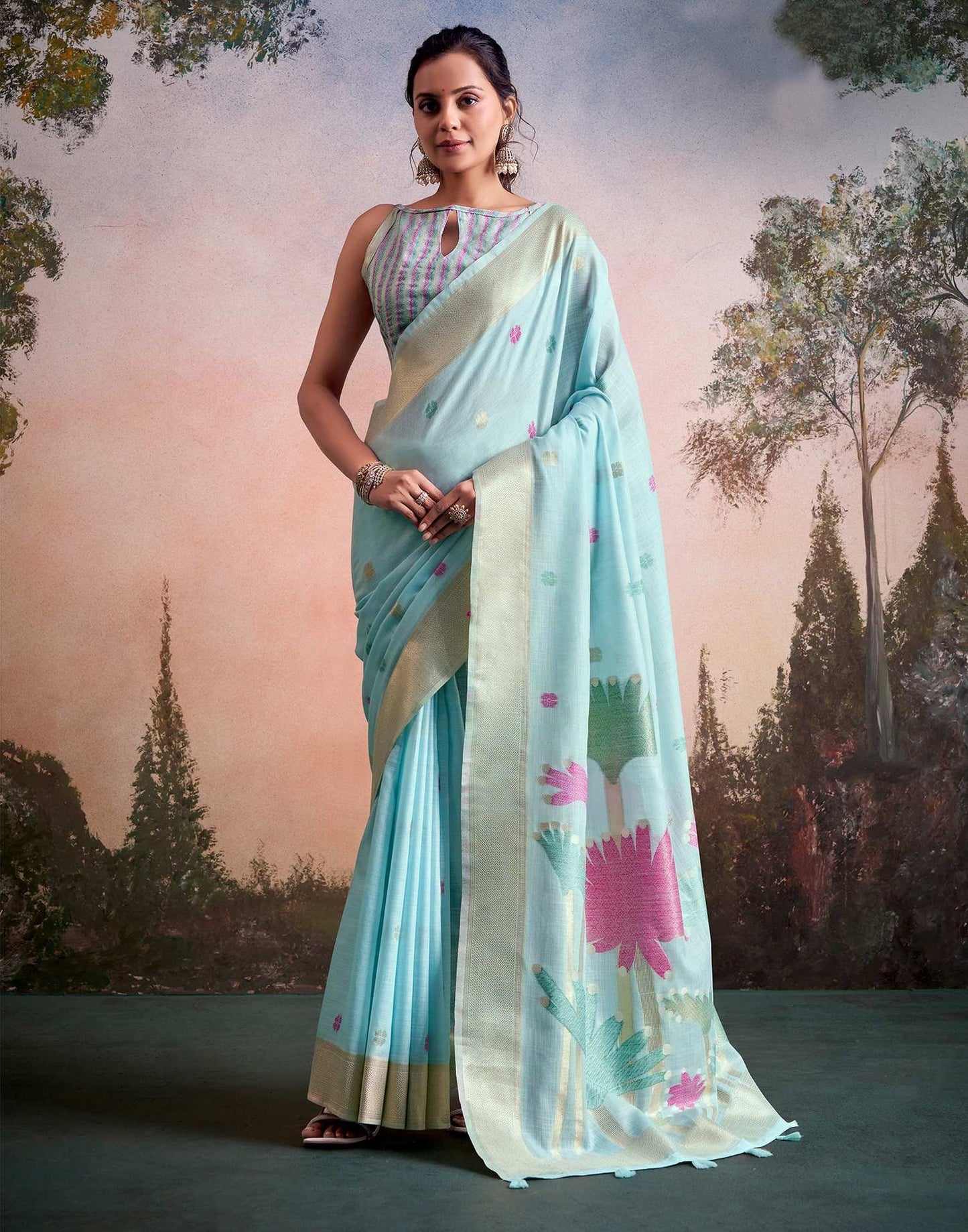 Pure Linen Silk Saree with Weaving Work in 5 colours