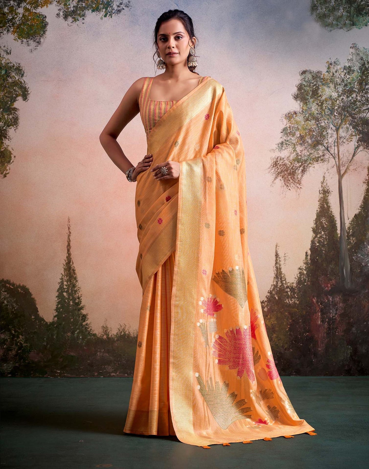 Pure Linen Silk Orange Saree with Weaving Work