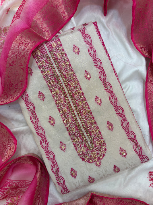 Cream Handwork Silk Unstitch Suit Set