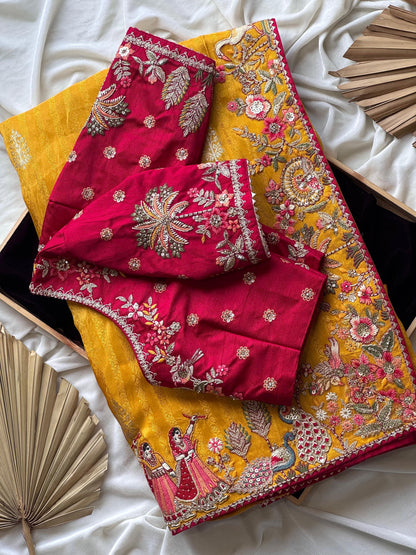 Mustard Yellow Silk Traditional Saree with Maroon Heavy Blouse