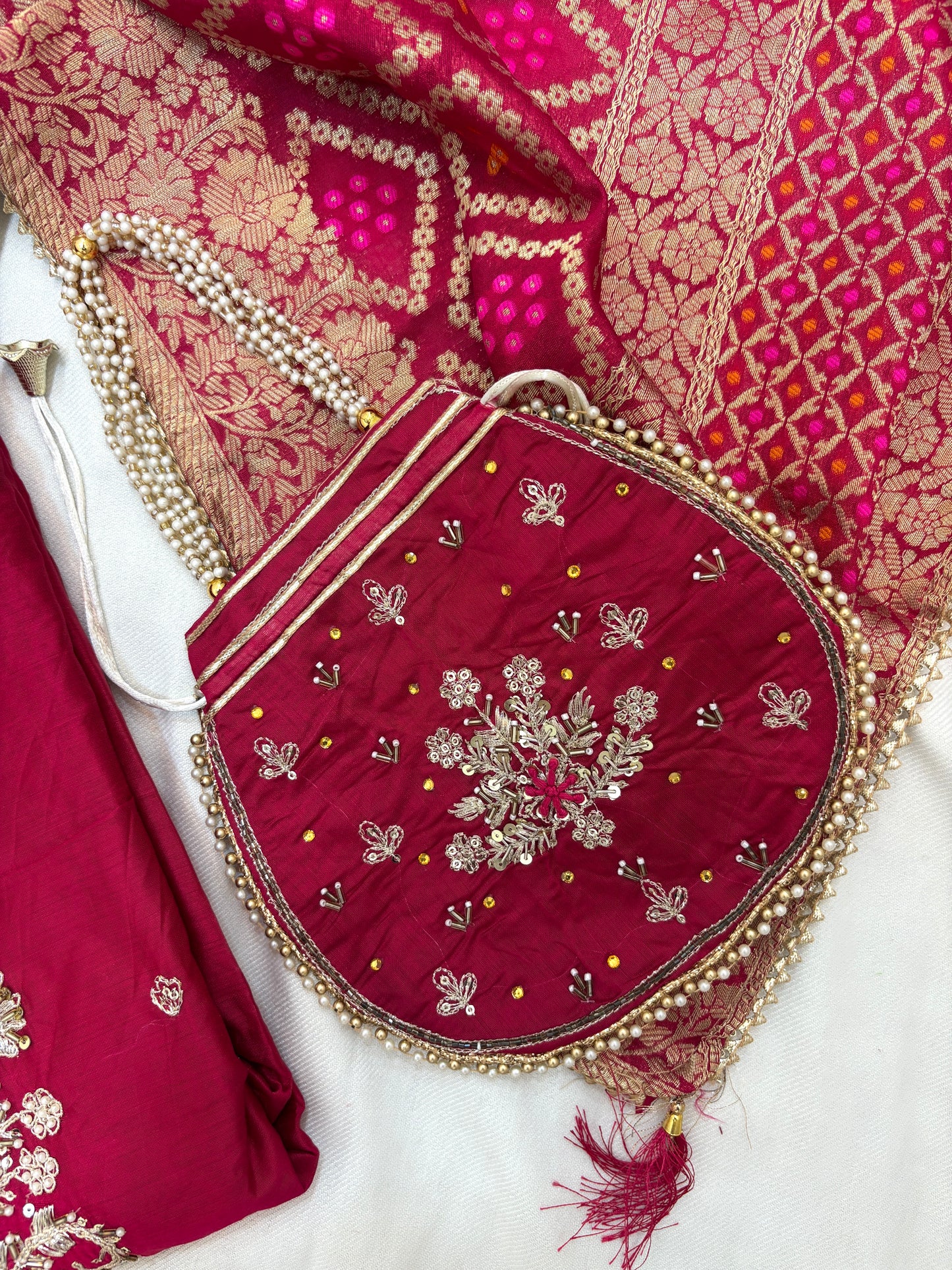 Beautiful Silk Zari Unstitch Suit Set with Potli Bag