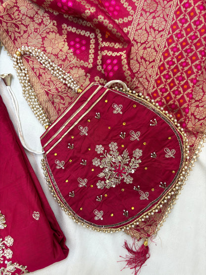 Beautiful Silk Zari Unstitch Suit Set with Potli Bag