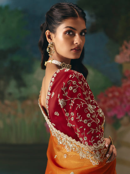 Rust Orange Soft Tissue Silk Heavy Blouse Designer Saree