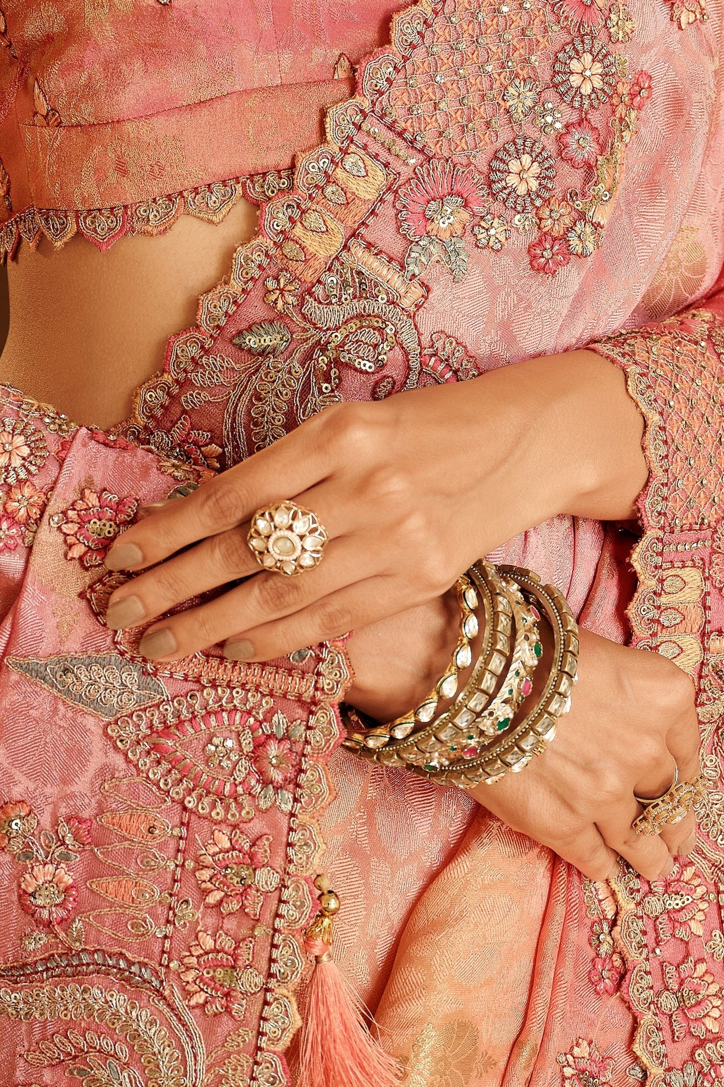 Peach, Coral Orange & Pink Embroidered Border Zari Viscose Silk
