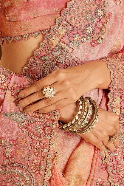 Peach, Coral Orange & Pink Embroidered Border Zari Viscose Silk