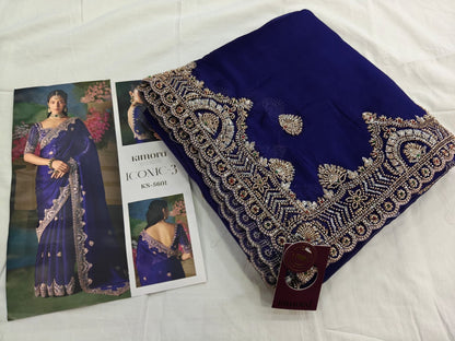 Royal Blue Soft Tissue Silk Heavy Blouse Designer Saree