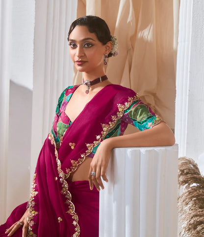 Magenta Pink Organza Tissue Silk Saree with Printed Blouse