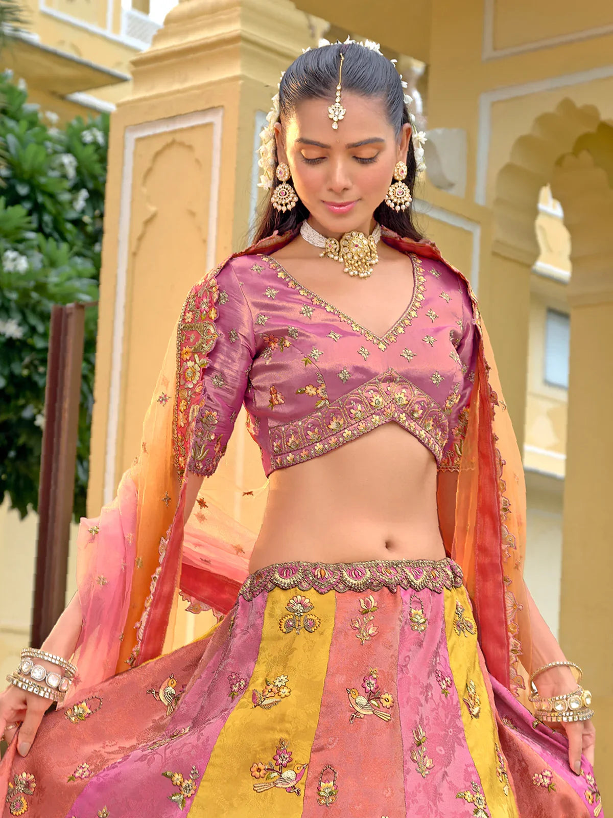 Pink & Peach Embroidered Silk Designer Lehenga