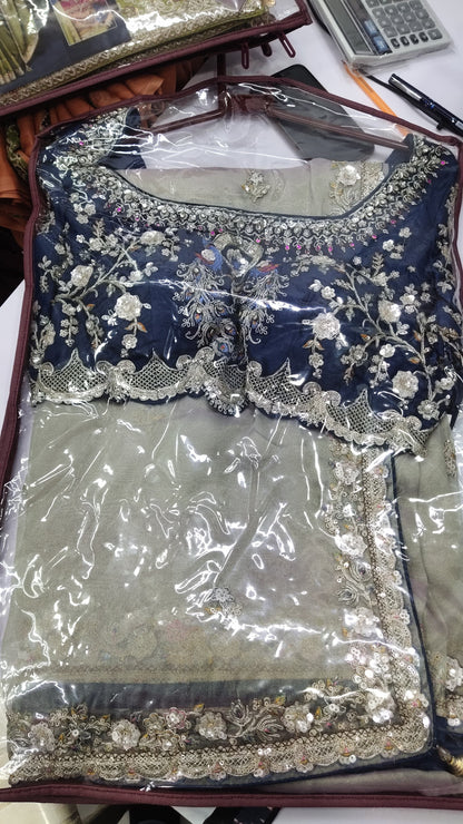 Ash Grey Organza Tissue Silk Designer Saree with Readymade Blouse