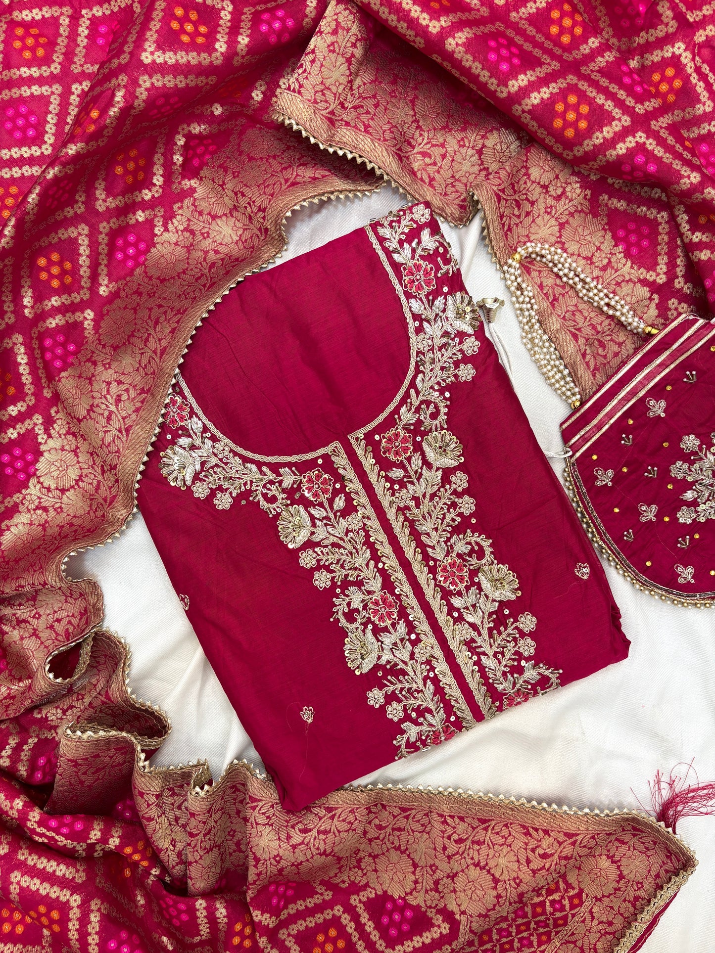 Beautiful Silk Zari Unstitch Suit Set with Potli Bag