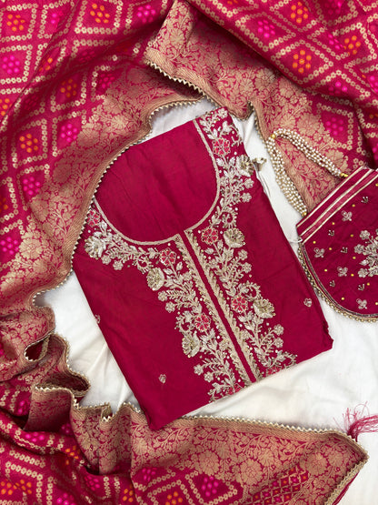 Beautiful Silk Zari Unstitch Suit Set with Potli Bag