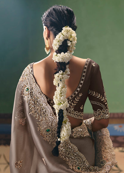 Dusty Grey Soft Tissue Silk Designer Saree
