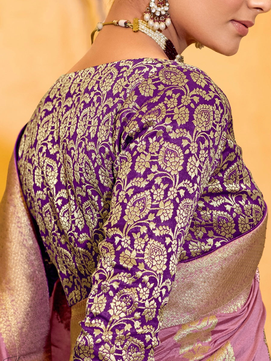 Lavender Crepe Silk Soft Saree With Contrast Blouse