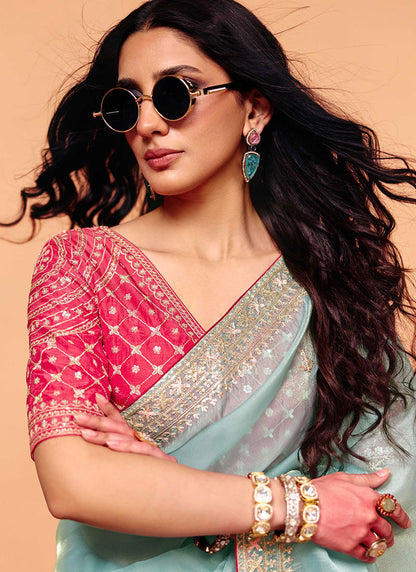 Sky Blue Soft Tissue Silk Designer Saree (Unstitched blouse)
