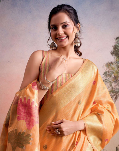 Pure Linen Silk Orange Saree with Weaving Work