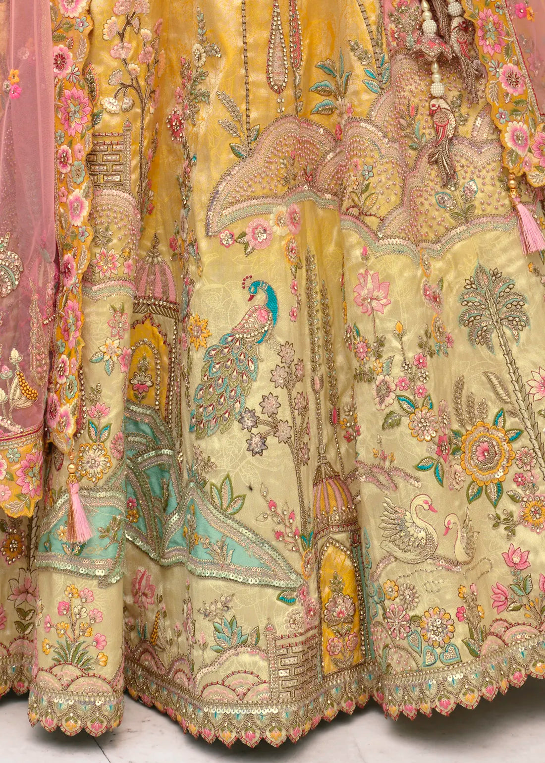 Pastel Yellow Silk Peacock Lehenga