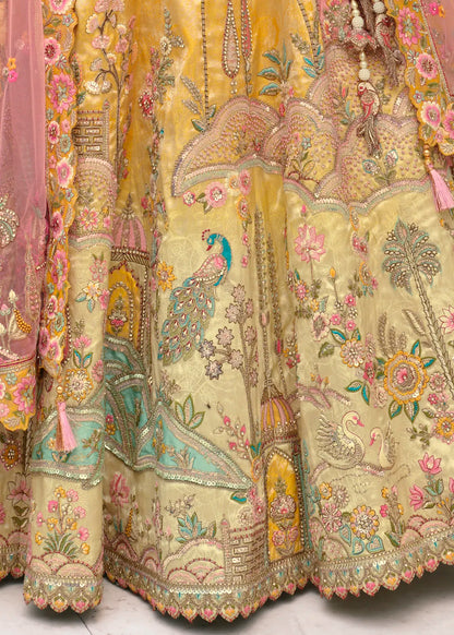 Pastel Yellow Silk Peacock Lehenga