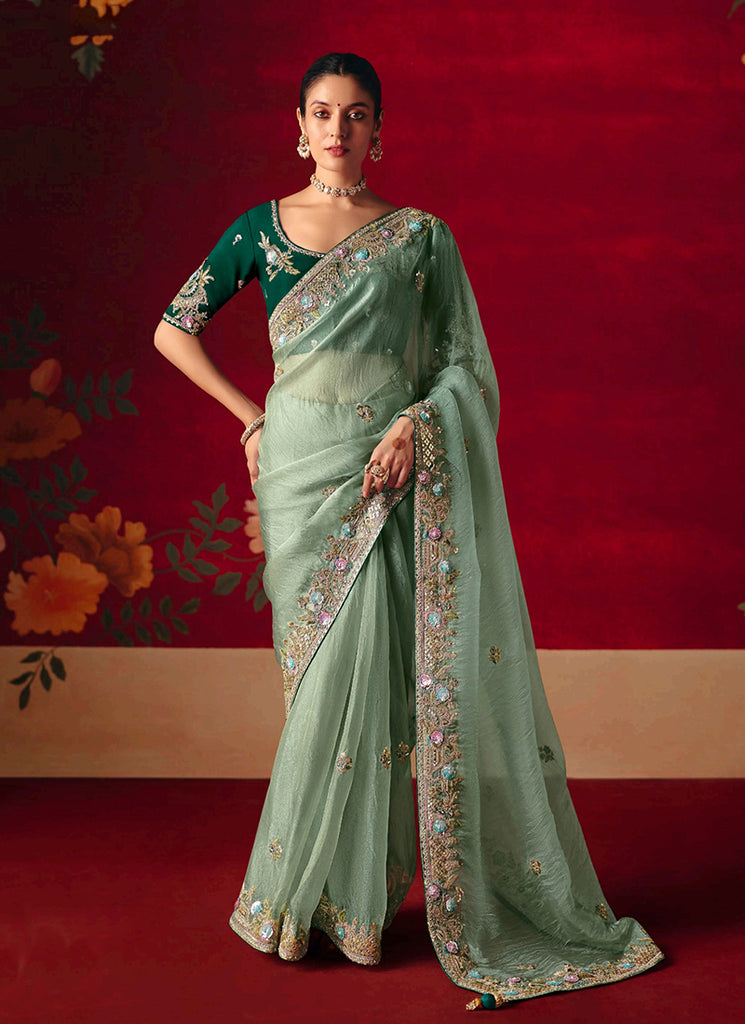 Mint Green Tissue Silk Designer Saree