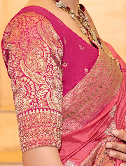 Peach Crepe Silk Soft Saree With Contrast Blouse