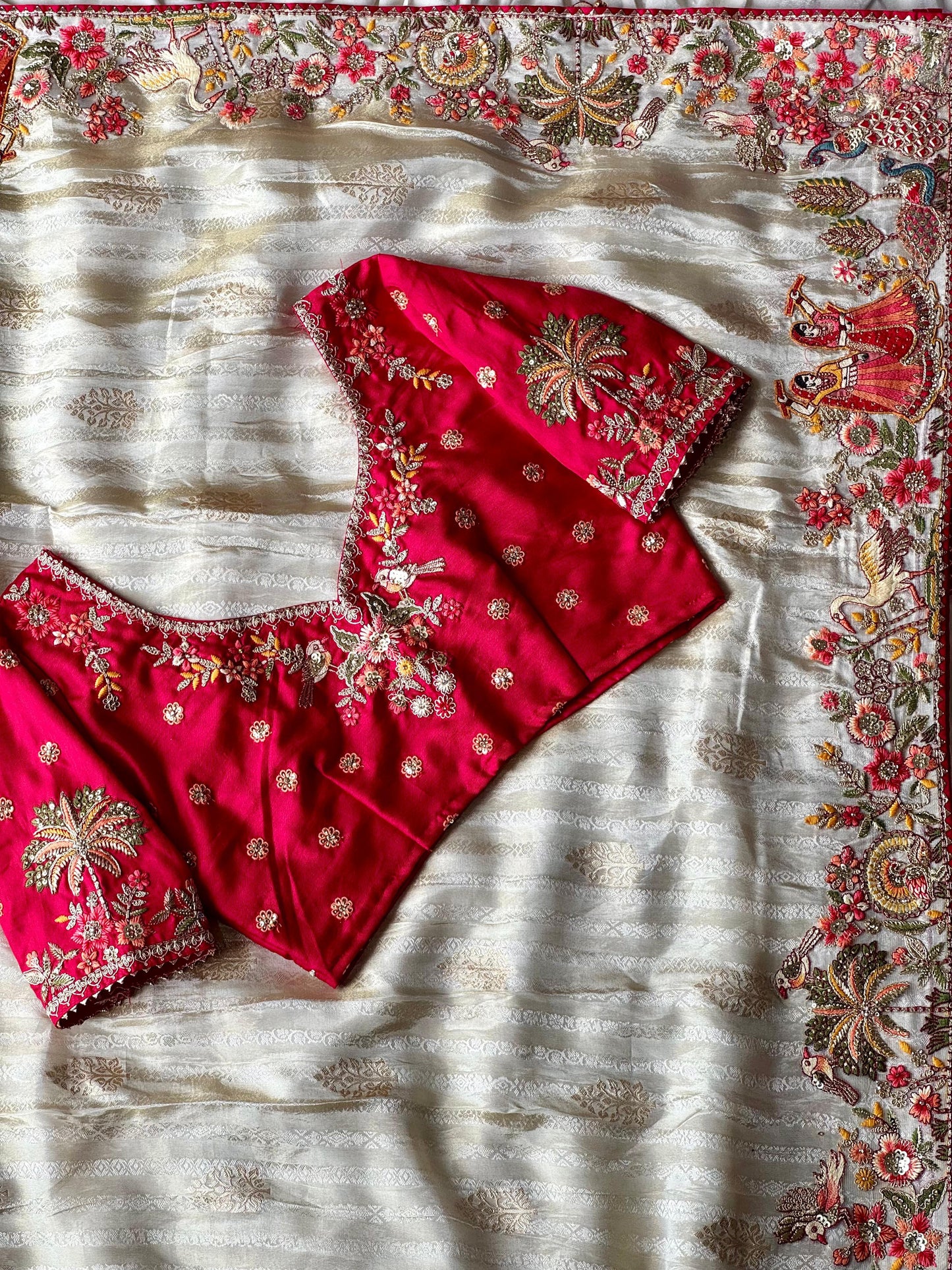 Creme Silk Traditional Saree with Maroon Heavy Blouse