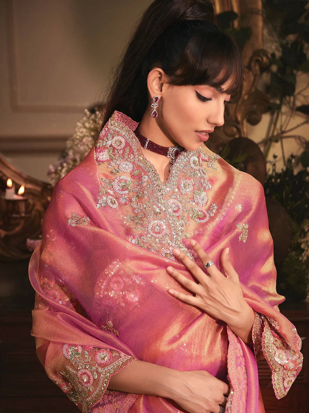 Pink Soft Tissue Silk Heavy Designer Saree