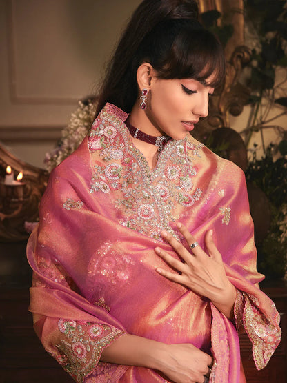 Pink Soft Tissue Silk Heavy Designer Saree