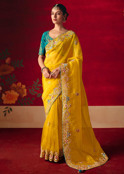 Yellow Organza Tissue Silk Heavy border Designer Saree