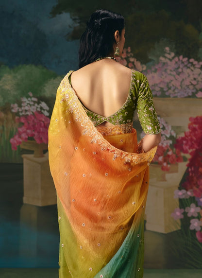 Orange & Green Soft Tissue Silk Designer Saree