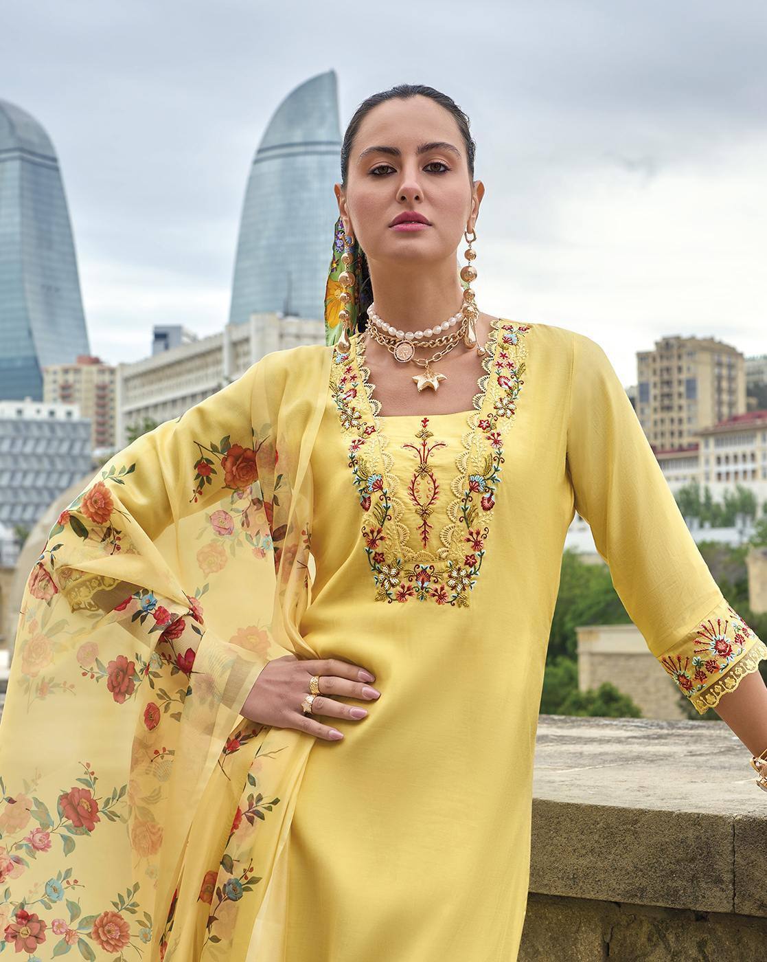 Yellow Viscose Silk Embroidered Suit Set