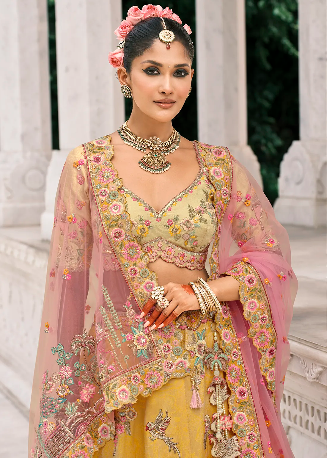 Pastel Yellow Silk Peacock Lehenga