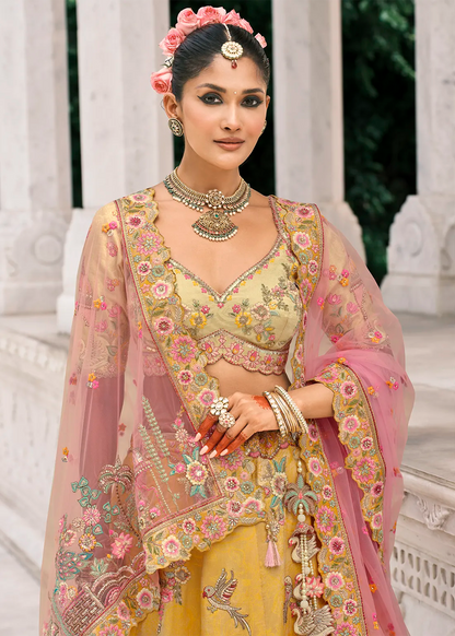 Pastel Yellow Silk Peacock Lehenga